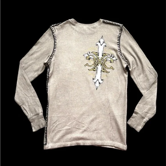 NWT Xtreme Couture Men's Small Tan Crew Neck Thermal With Skulls - Picture 4 of 8